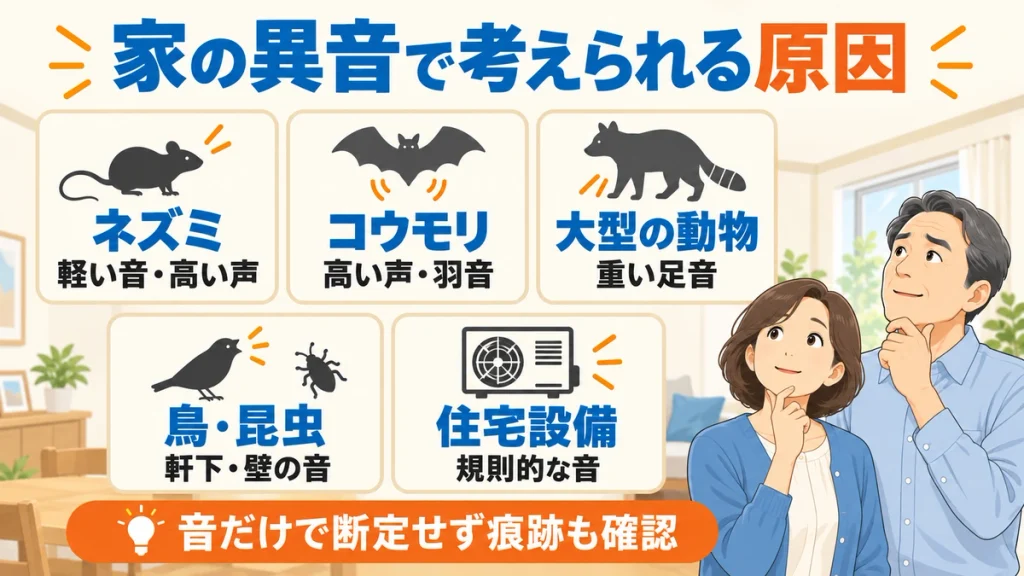 ネズミ、コウモリ、大型の動物、鳥や昆虫、住宅設備による異音の特徴を比較した図解