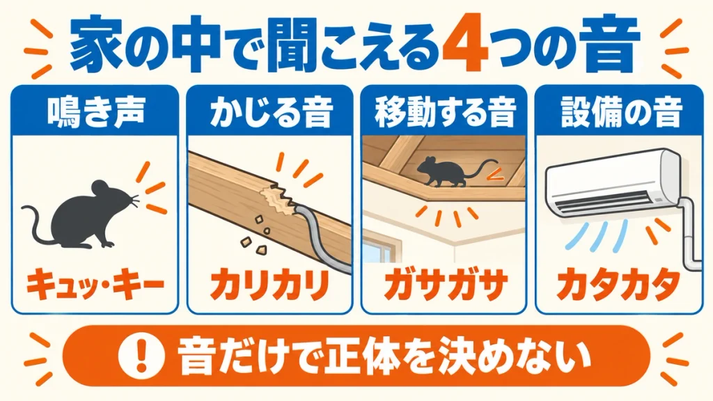ネズミの鳴き声、かじる音、移動する音、住宅設備の音を4種類に分けた図解