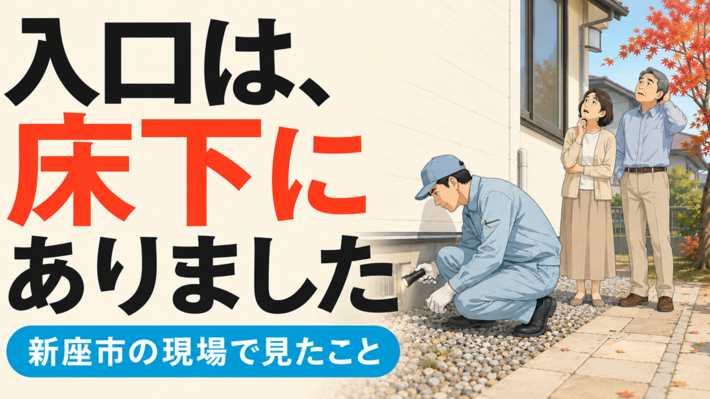 新座市の現場で床下通風口を懐中電灯で照らす作業員と、天井を見上げて困る夫婦を描いたアイキャッチ画像