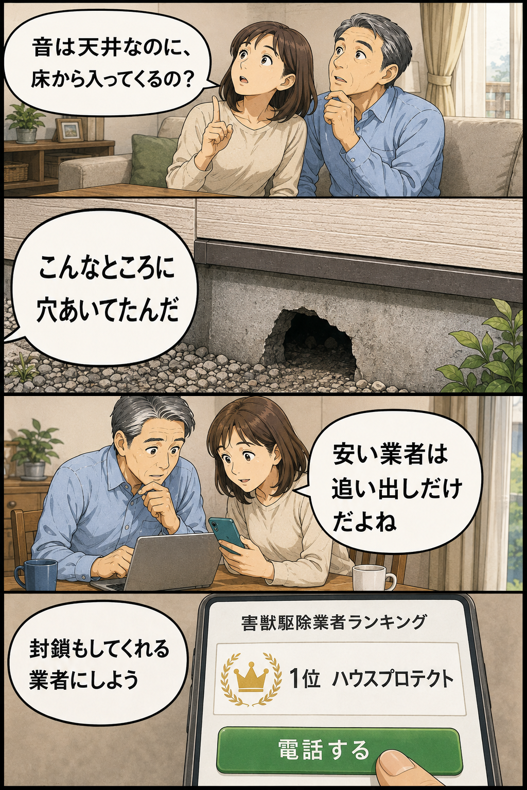 リビングでの疑問から外壁の穴の発見、そして駆除と封鎖の両方を頼める会社を選ぶまでを新座市の夫婦で描いた漫画
