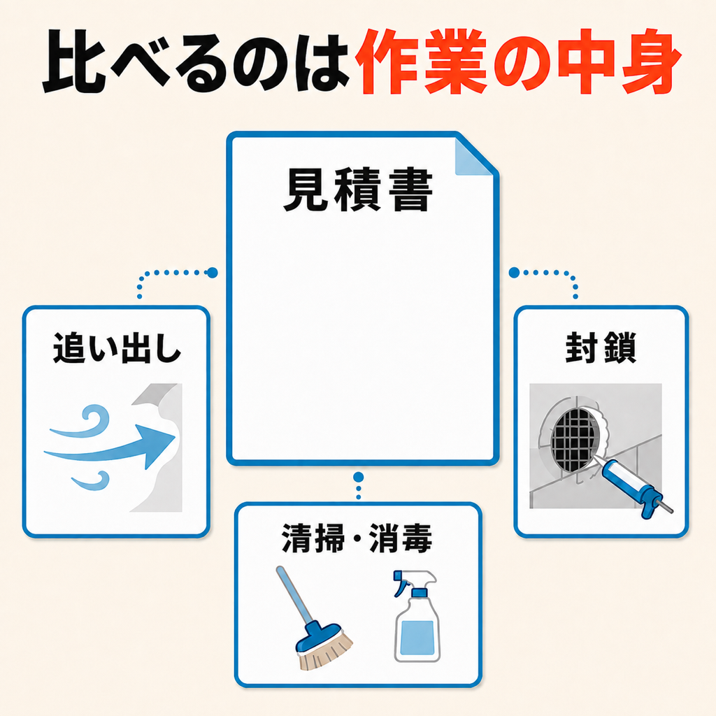 ネズミ駆除の費用が追い出し・封鎖・清掃の3つの作業でできていることを示した図解