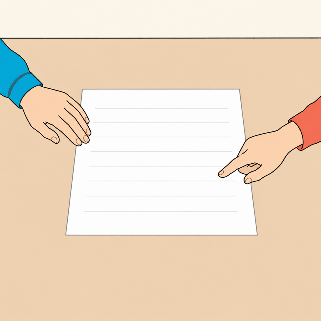 テーブルに見積書を広げて二人で確かめている手元のイラスト