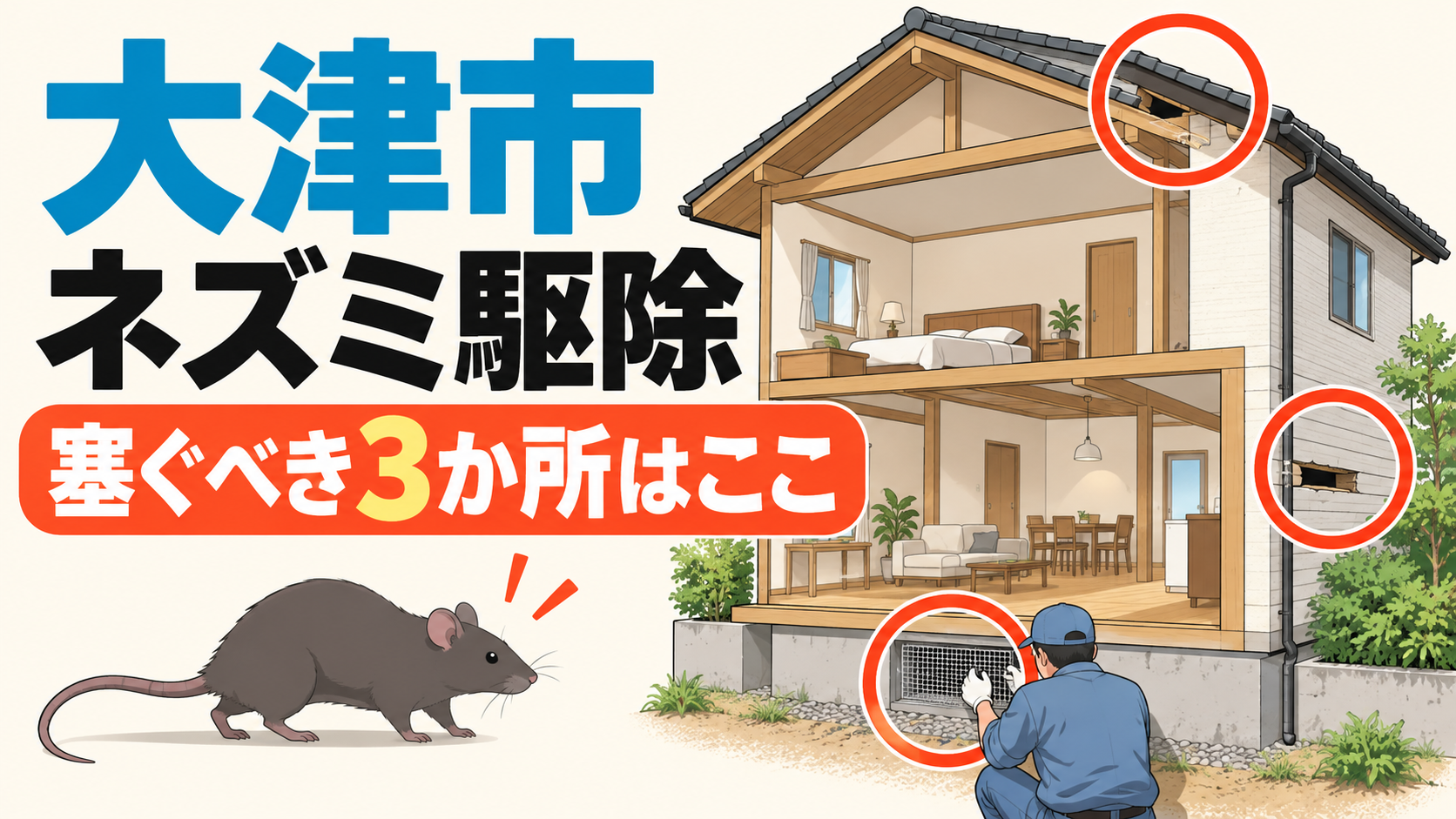 大津市のネズミ駆除で塞ぐべき入口3か所を住宅の断面イラストで示したアイキャッチ画像