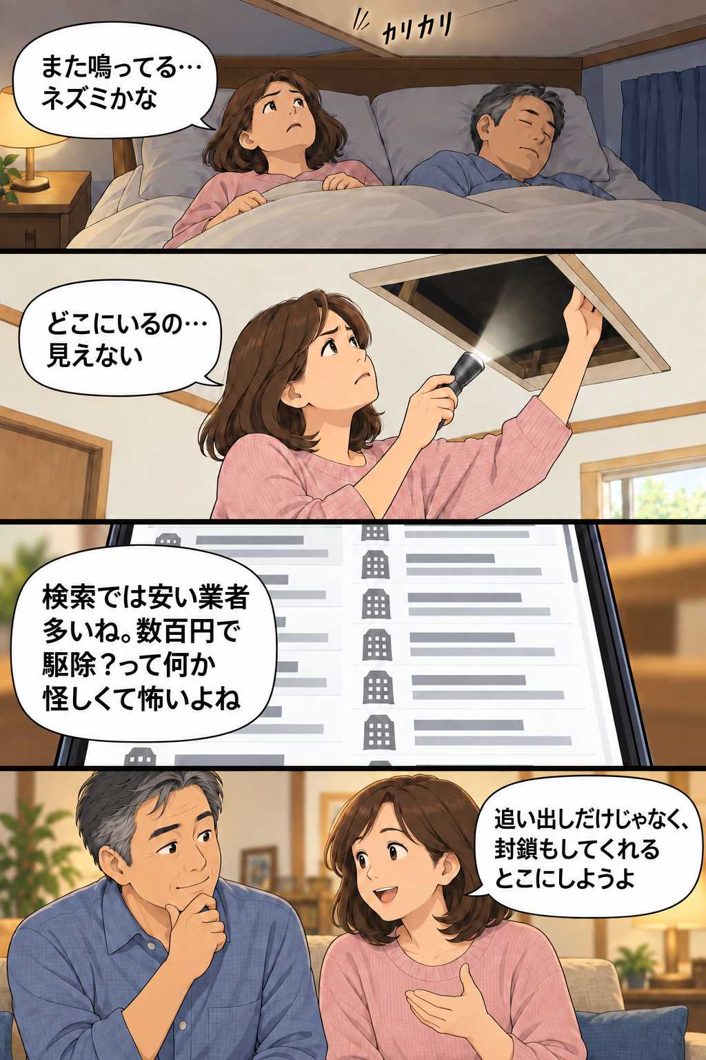 大津市の夫婦が夜中に天井のネズミの音に気づき、点検口をのぞいても見えず、検索に出る安すぎる業者に不安を感じて、追い出しだけでなく封鎖もしてくれる業者を選ぼうと決める4コマ漫画