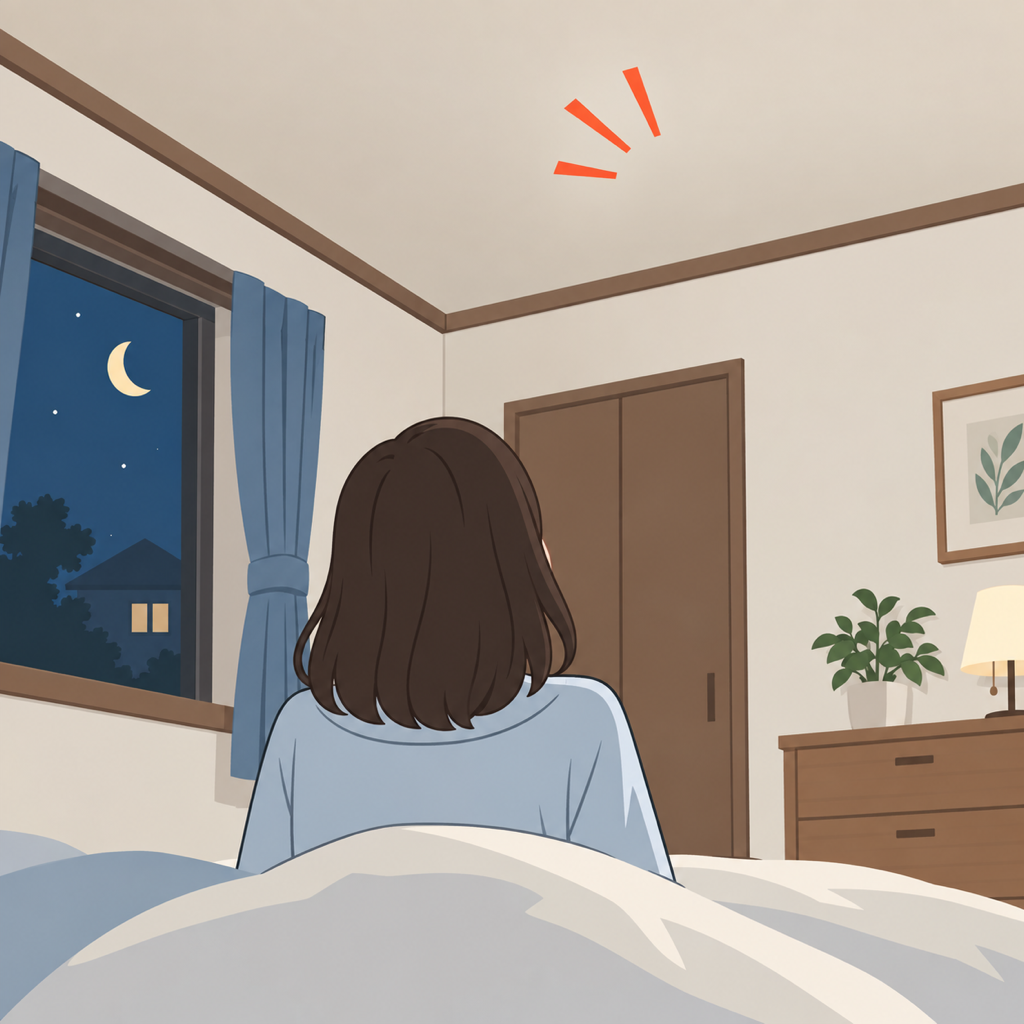 大津市の戸建てで夜中に物音のする天井を見上げる住人の後ろ姿を描いたイラスト