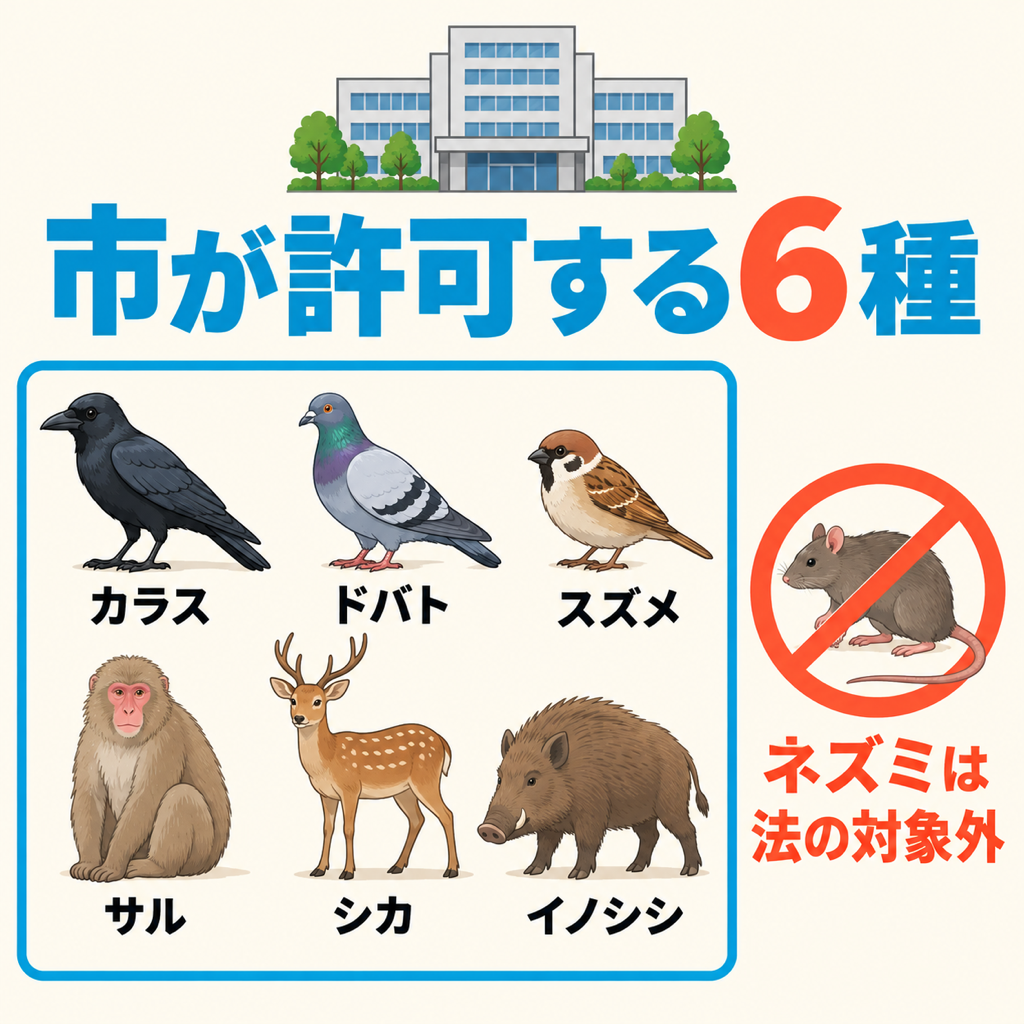 大津市が捕獲を許可できる鳥獣6種と、鳥獣保護管理法の対象外になっている家ネズミを分けて示した図解