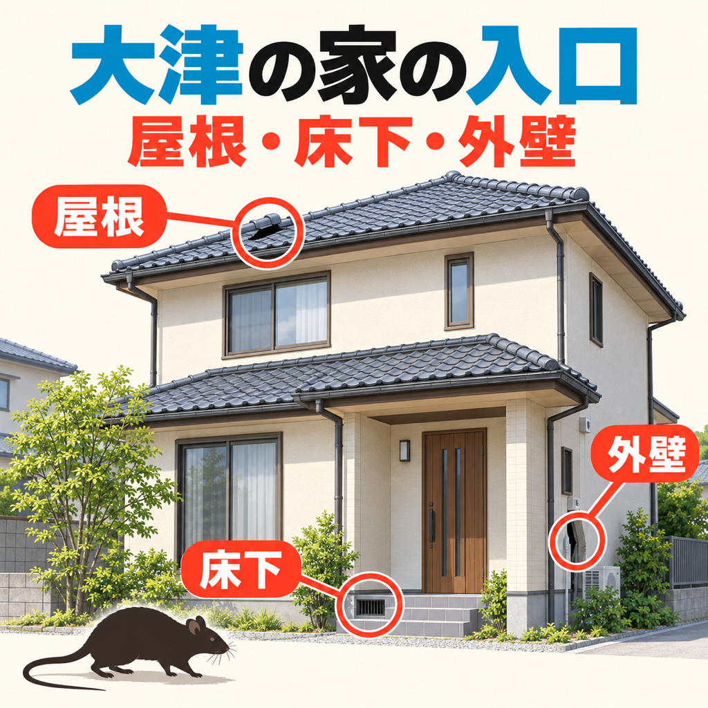 大津市のネズミ駆除の現場で多かった入口3か所として屋根の隙間・床下の通風口・外壁の隙間を丸印で示した戸建て外観の図解