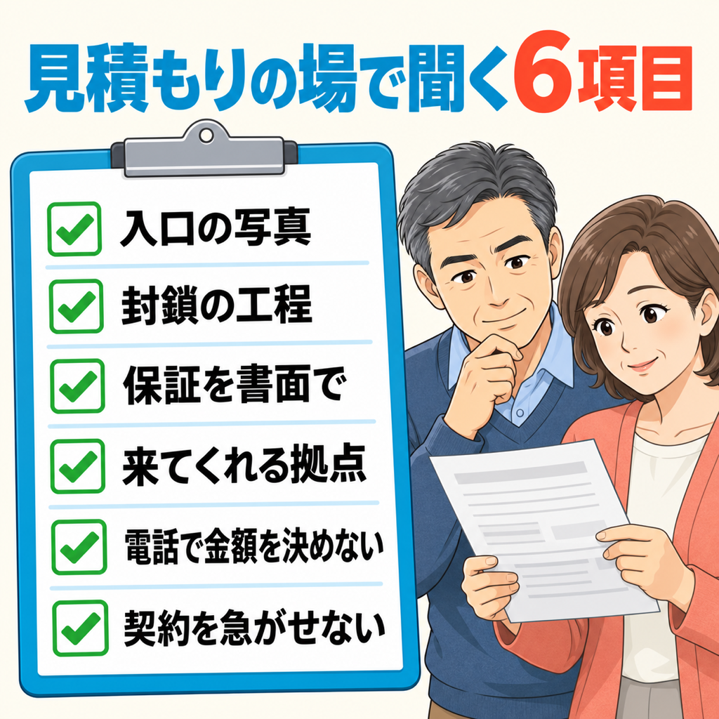 大津市でネズミ駆除業者を選ぶときに見積もりの場で確かめたい入口の写真・封鎖の工程・保証を書面でもらうことなど6項目を並べたチェック図解