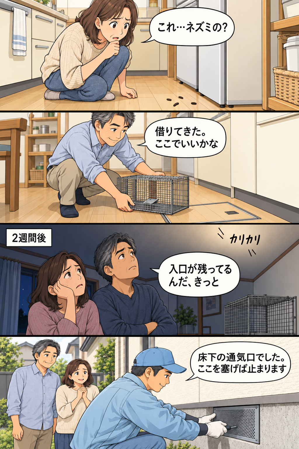 堺市の50代夫婦が市から借りた捕獲かごで2週間粘ったあと、床下通風口を塞いでネズミの音が止まるまでの4コマ漫画