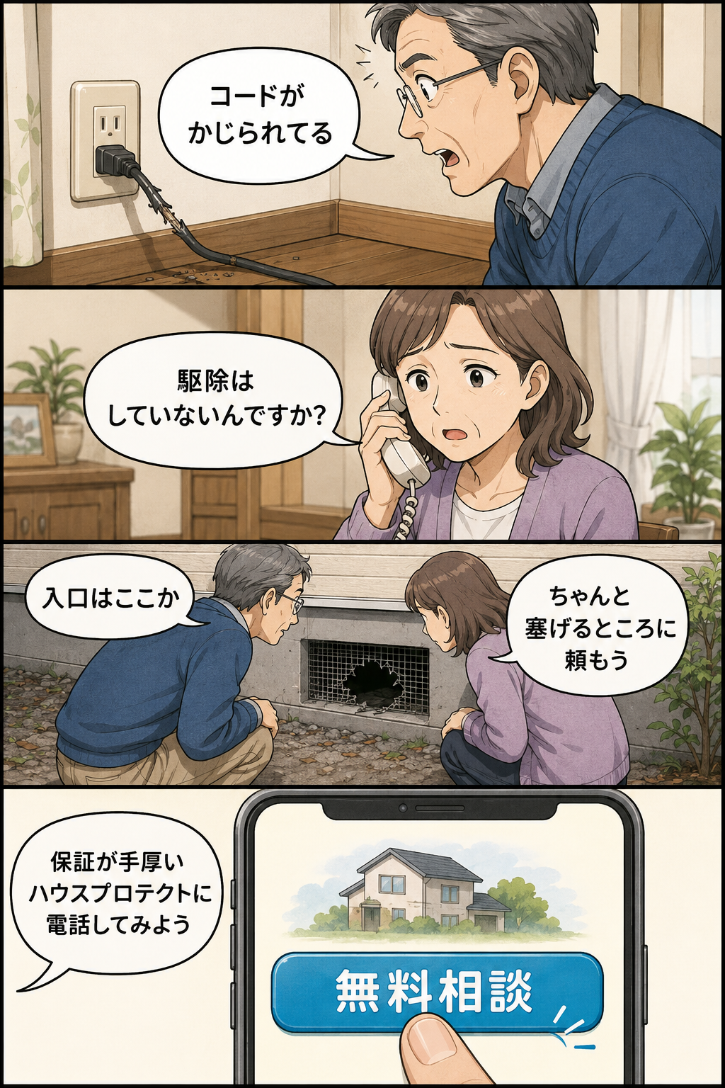 静岡市でネズミのかじり跡を見つけた夫婦が市役所に断られ、床下の通風口を確かめて無料相談を申し込むまでの4コマ漫画