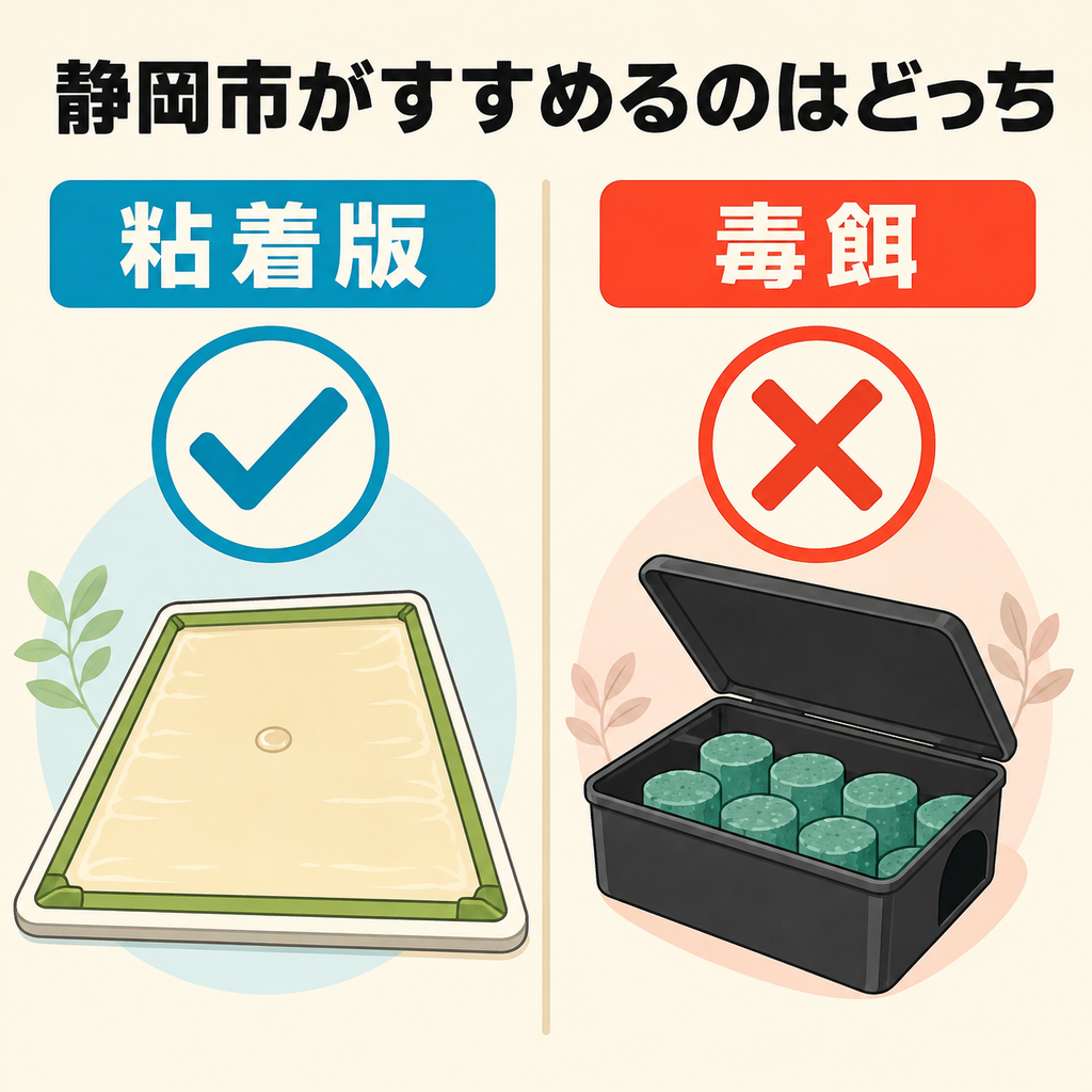 静岡市が勧める粘着版と、避けたほうがよい毒餌の違いを比べた図解