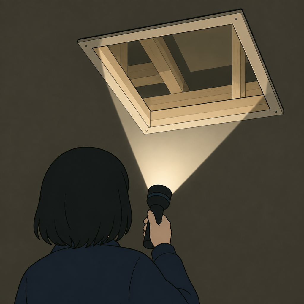 静岡市の戸建てで天井裏を見上げる住人の後ろ姿を描いたイラスト