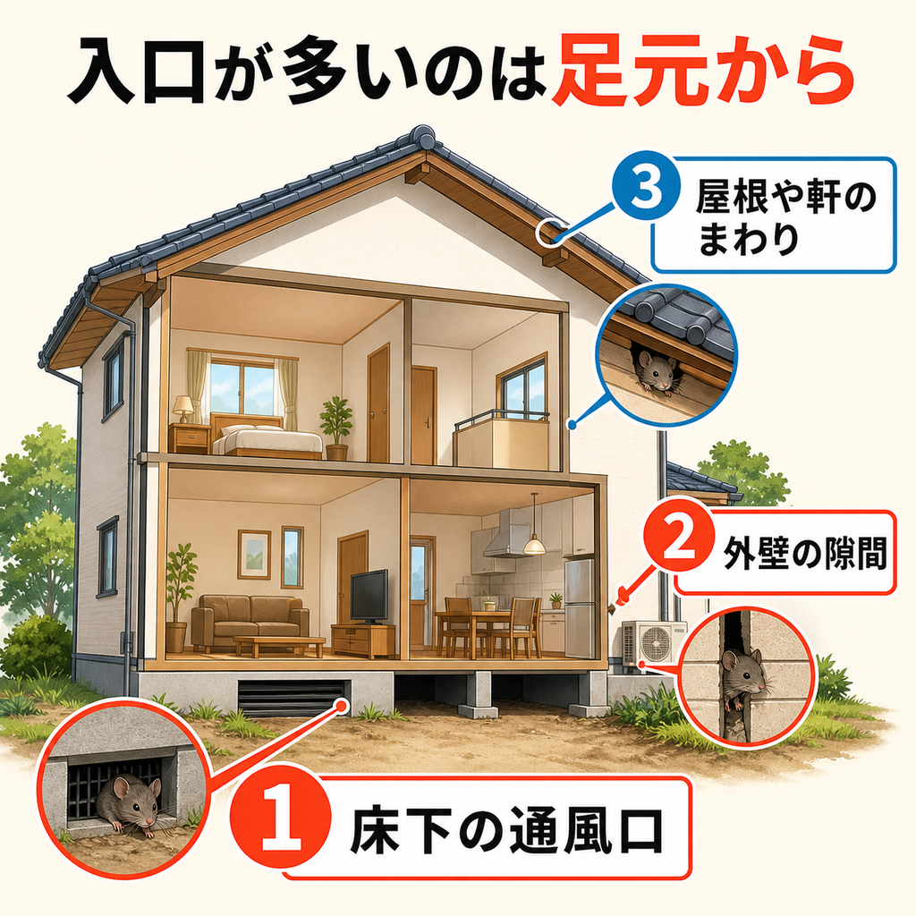 静岡の住宅の断面図に、ネズミの侵入口を多い順に示した図解。床下の通風口と外壁の隙間が上位
