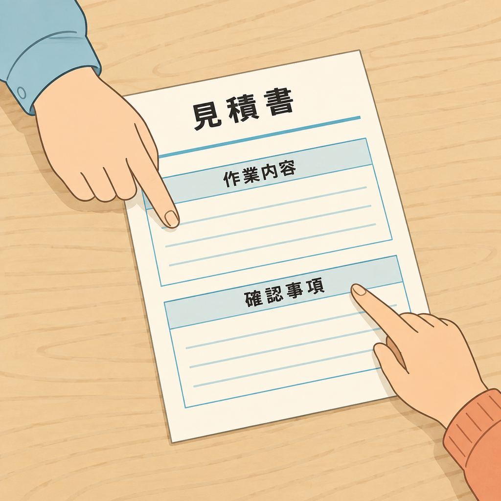 静岡市の住宅で見積書の作業内容と確認事項を作業員と住人が指さしている手元のイラスト