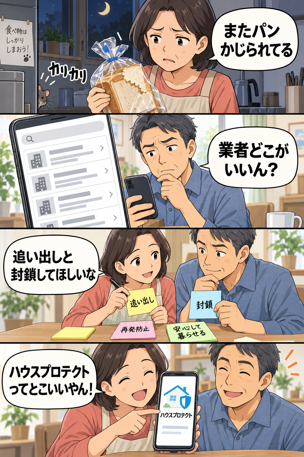 高槻市の夫婦が食パンのかじり跡に気づき、ネズミ駆除業者の多さに迷いながら追い出しと封鎖をしてくれる会社を選ぶ4コマ漫画