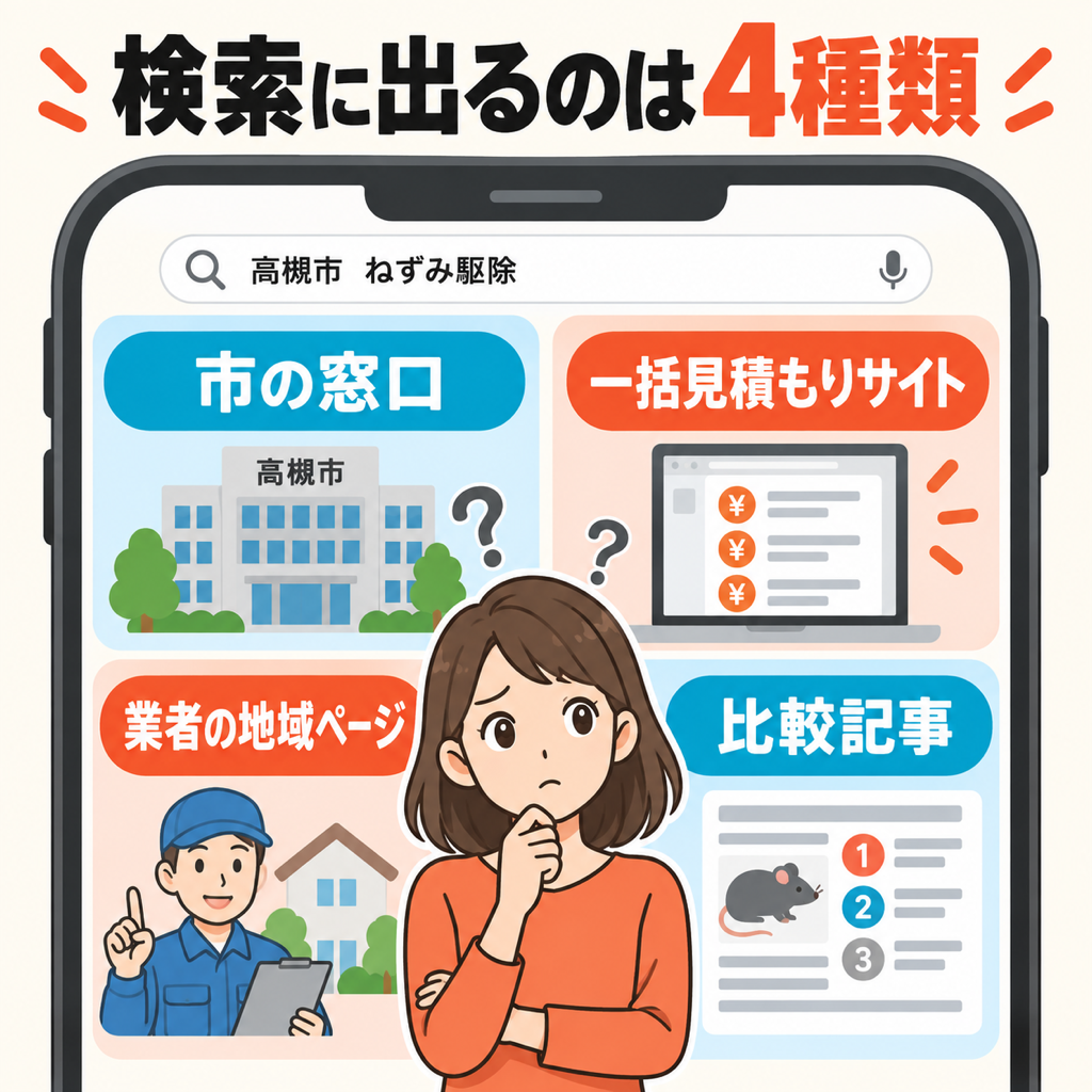 高槻市のネズミ駆除で検索結果に並ぶ4種類のページ(市の窓口・一括見積もりサイト・業者の地域ページ・比較記事)を整理した図解