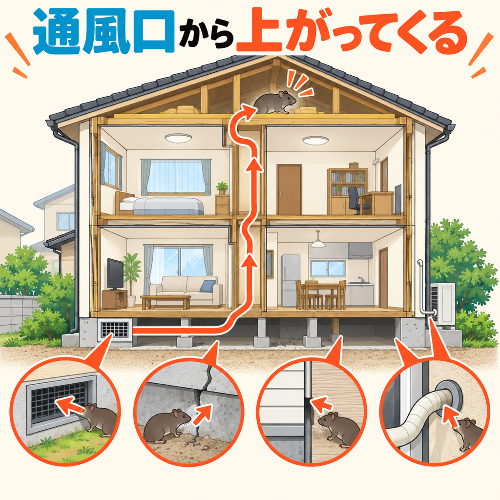 高槻市の施工事例で侵入経路として疑われた床下通風口・基礎の割れ目・外壁の隙間・エアコン配管まわりを示した住宅の断面図解