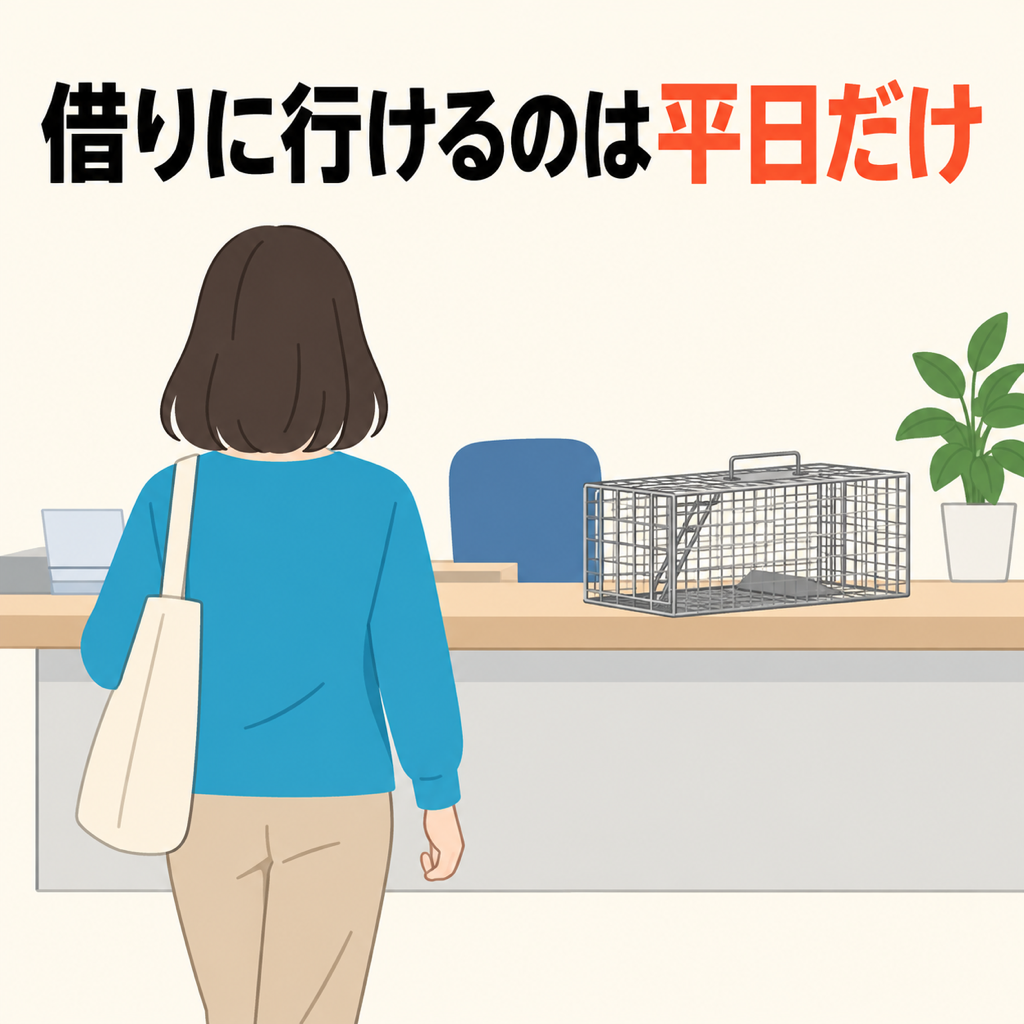 高槻市でネズミの捕獲かごを借りに窓口へ向かう住民の後ろ姿のイラスト
