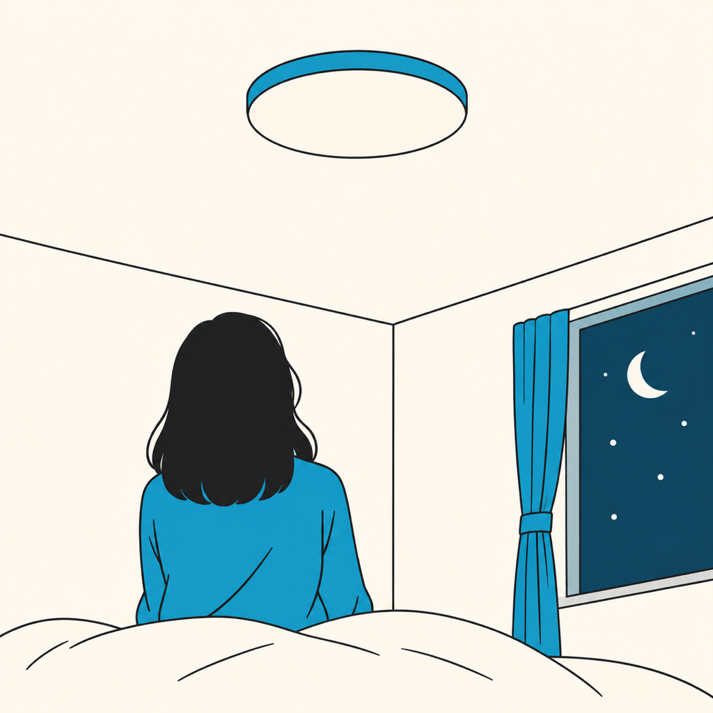 夜の部屋で天井を見上げる住人の後ろ姿を描いたイラスト