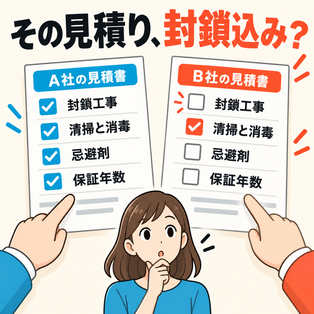 ネズミ駆除の見積書で確認する4項目(封鎖工事・清掃と消毒・忌避剤・保証年数)を整理したチェック図解