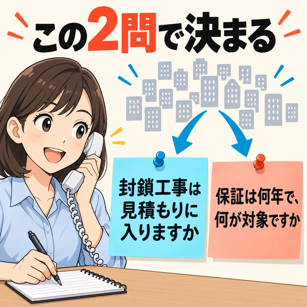ネズミ駆除業者を絞り込む2つの質問(封鎖工事は見積もりに入るか・保証は何年で何が対象か)を並べた図解