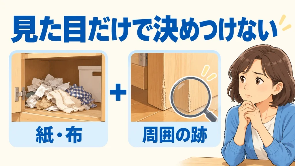 紙や布の集まりと周囲の跡を合わせて確認し、見た目だけでネズミの巣と決めつけないことを示す図解