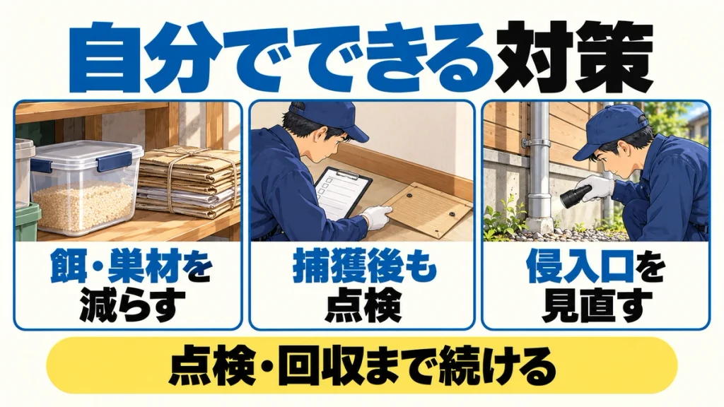 餌や巣材を減らす、捕獲後も点検する、侵入口を見直すというネズミ対策を示す3項目の図解。