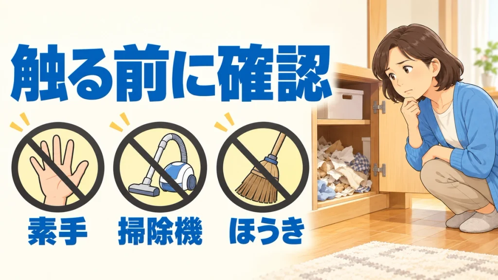 素手で触ること、掃除機で吸うこと、ほうきで掃くことを避ける初動を示したイラスト