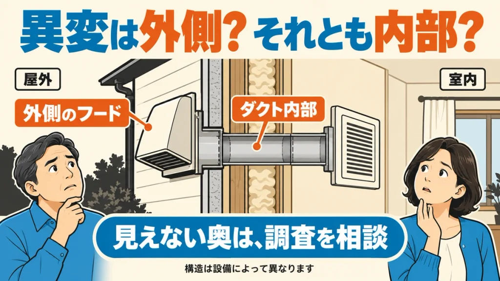 外側の換気フードと壁を通るダクト内部を区別し、確認できない奥は調査を相談することを示す図解