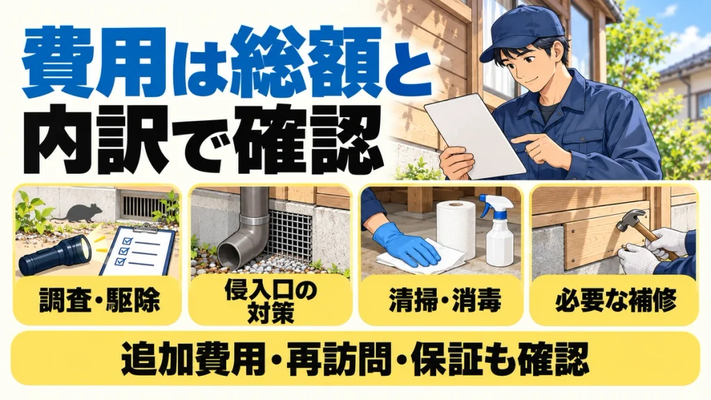 駆除の見積もりで調査・駆除、侵入口の対策、清掃・消毒、必要な補修を確認し、追加費用や再訪問、保証も確かめる図解。