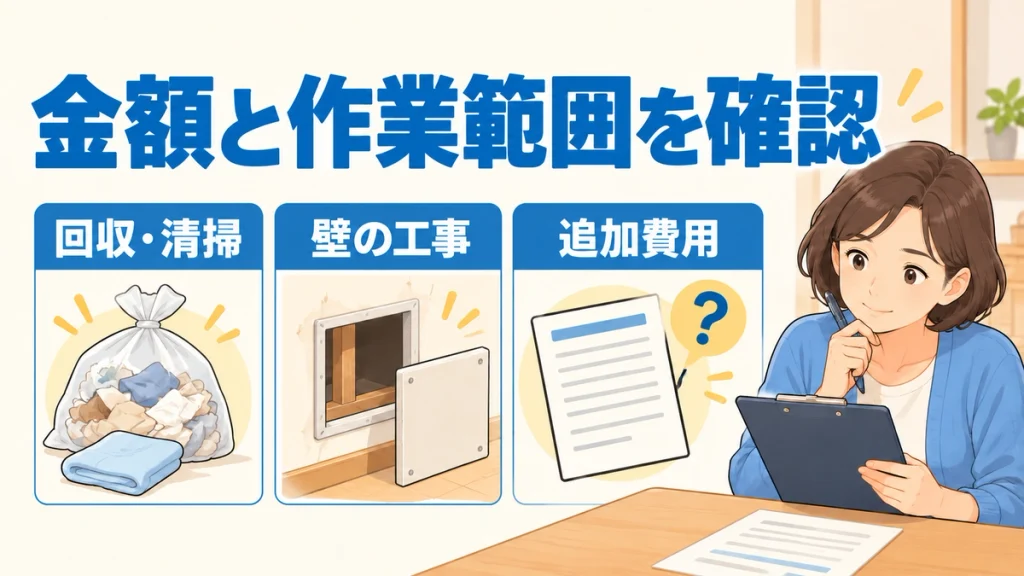 見積もりでは金額だけでなく、回収・清掃、壁の工事、追加費用を確認することを示す図解