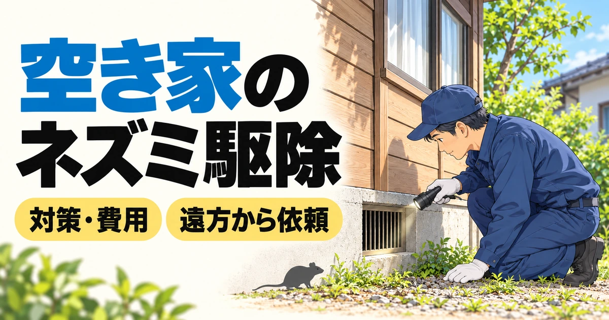 空き家の床下通風口を点検する作業員とネズミのシルエット。ネズミ駆除の対策・費用・遠方からの依頼を案内。