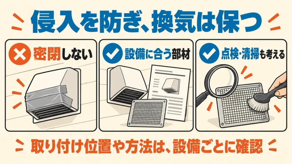 換気口を密閉せず、設備に合う部材を選び、取り付け後の点検と清掃も考えることを示す図解