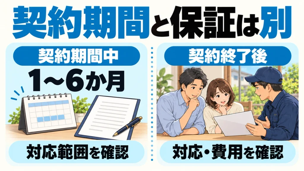 「契約期間と保証は別」の見出しと、1〜6か月の契約期間中は対応範囲を確認し、契約終了後は対応と費用を確認する2つの区分を示す図解