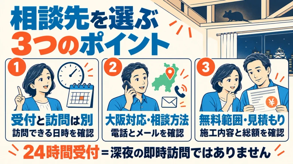 業者選びで確認する3項目。受付と訪問時間の違い、大阪対応と相談方法、無料範囲と見積もり。