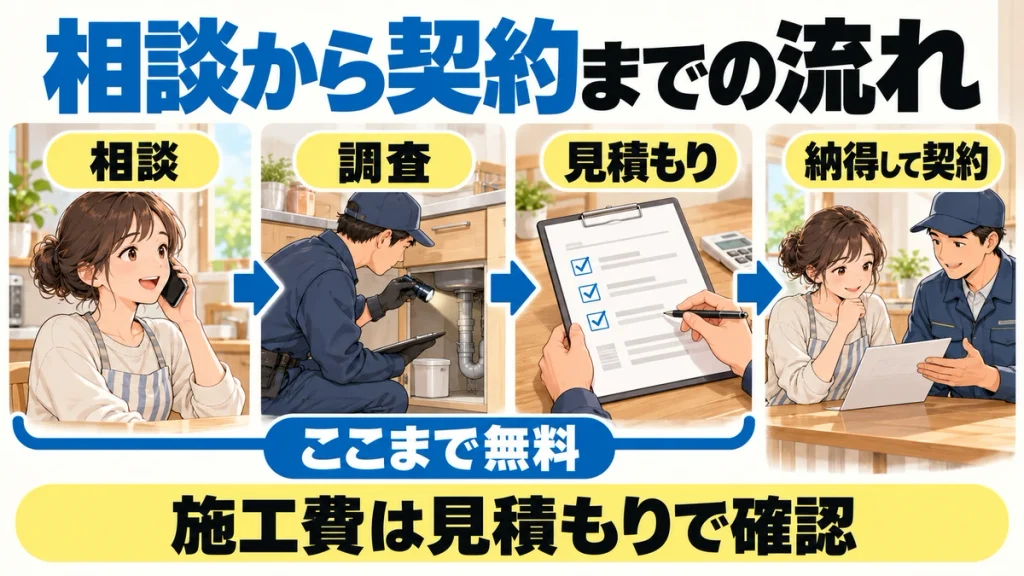 相談、現地調査、見積もり、納得後の契約を示し、相談から見積もりまでが無料と分かる流れ図