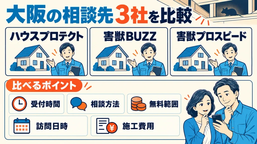 ハウスプロテクト、害獣BUZZ、害獣プロスピードを検討するときは、受付時間、相談方法、無料範囲、訪問日時、施工費用を確認。