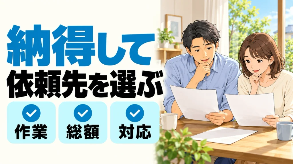 「納得して依頼先を選ぶ」の大きな文字と、作業・総額・対応の3項目を確認しながら見積もりを読む相談者のイラスト