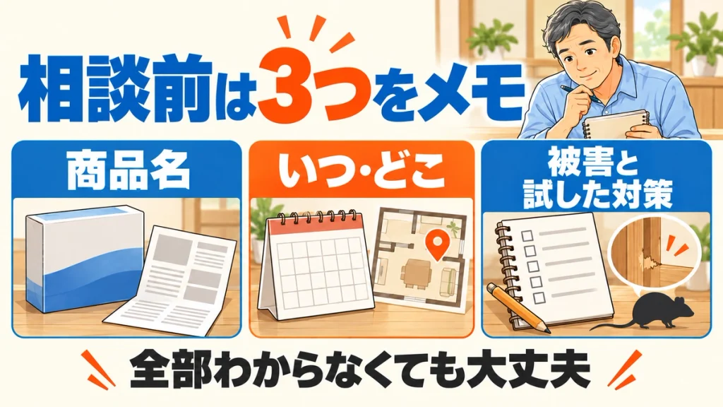 商品名、設置した日時と場所、被害と試した対策をメモする相談前の準備