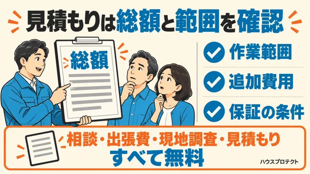見積もりの総額、作業範囲、追加費用と保証条件を確認し、相談から見積もりまでは無料であることを案内する図解
