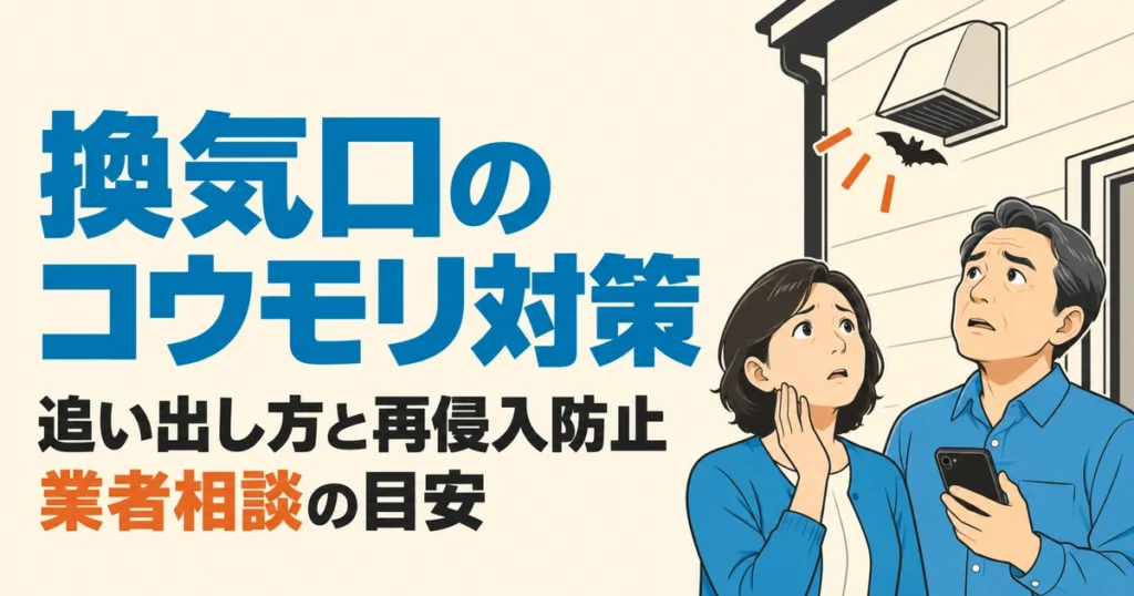 換気口付近のコウモリのシルエットを見上げる夫婦と追い出し方・再侵入防止・業者相談の目安を案内するイラスト