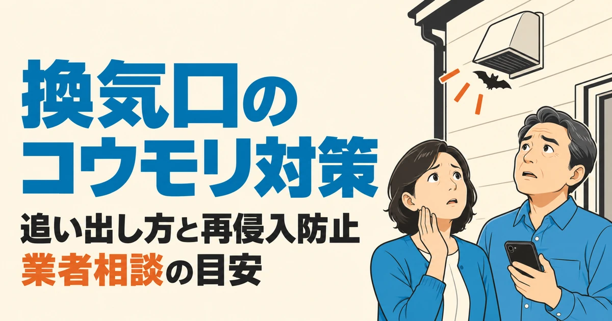 換気口付近のコウモリのシルエットを見上げる夫婦と追い出し方・再侵入防止・業者相談の目安を案内するイラスト