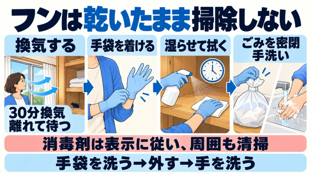 少量のフンがある硬い棚や床では、30分間換気してその場を離れ、手袋を着け、消毒剤の表示に従って湿らせて拭き、ごみを密閉する。周囲の清掃と手袋を外す前後の手洗いも示した図。