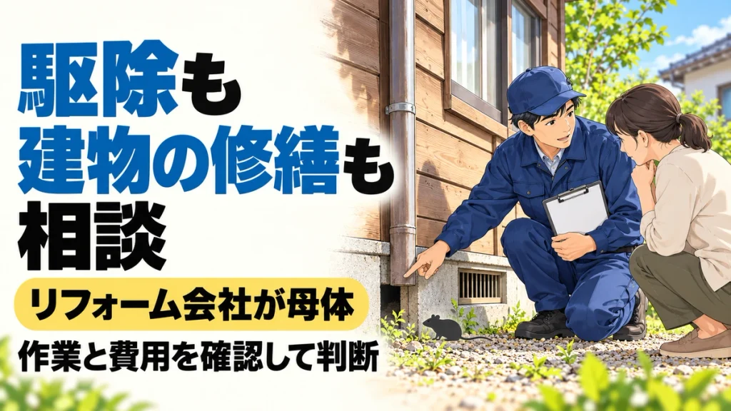 建物を点検する作業員と修繕箇所を示すイラスト。リフォーム会社を母体とするハウスプロテクトで、駆除と建物の修繕に必要な作業や費用を確認する。
