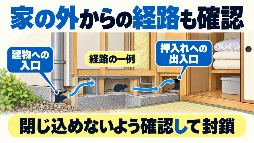 建物外部の入口から壁内などを通り、押入れの出入口へ至る経路の一例を描いた断面図。閉じ込めないよう確認してから封鎖する。