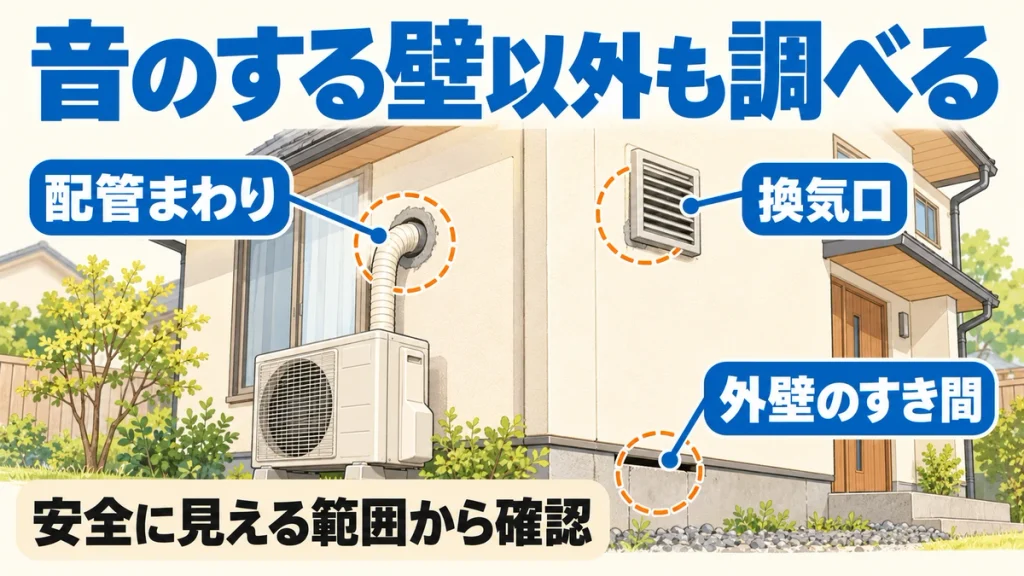 住宅の配管まわり、換気口、外壁のすき間を確認する場所として示した図