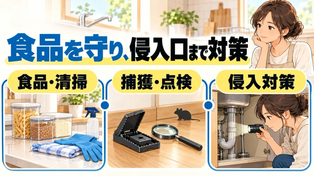 食品と清掃、捕獲と点検、侵入口への対策を3つのポイントで振り返る図