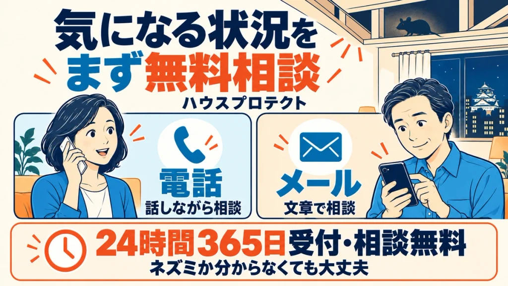 ハウスプロテクトへの電話・メール相談は無料で24時間365日受付。話しながら相談したい人は電話、文章で伝えたい人はメールを選べる。ネズミか分からない段階でも相談可能。