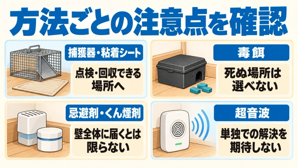 捕獲器や粘着シート、毒餌、忌避剤やくん煙剤、超音波の注意点を比較する図