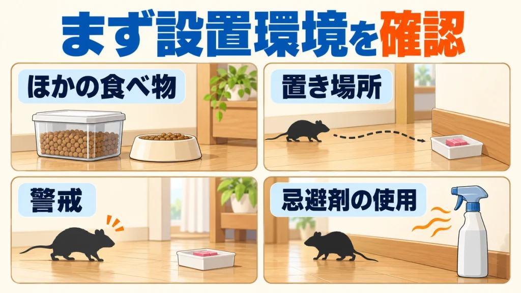 毒餌を食べないときに確認する、ほかの食べ物・置き場所・警戒・忌避剤の使用の4項目